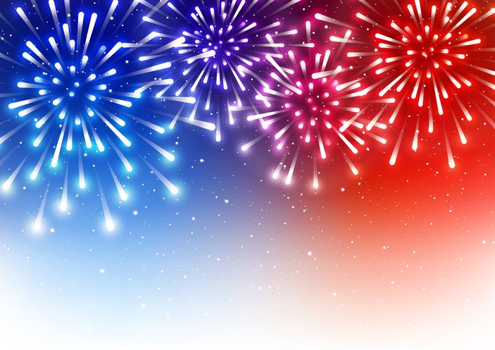 Independence day greeting card with shiny fireworks on blue and red star background - Central Florida Lifestyle independence day fireworks